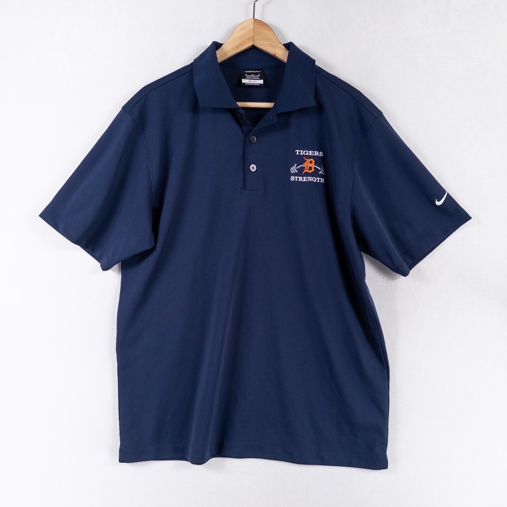 Nike Golf Polo Shirt Mens Sz Medium Navy Blue Dri Fit Embroidered Detroit Tigers